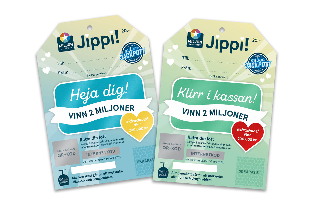 Hos Miljonlotteriet kan du vinna ett paket med 5 Jippi-etiketter
